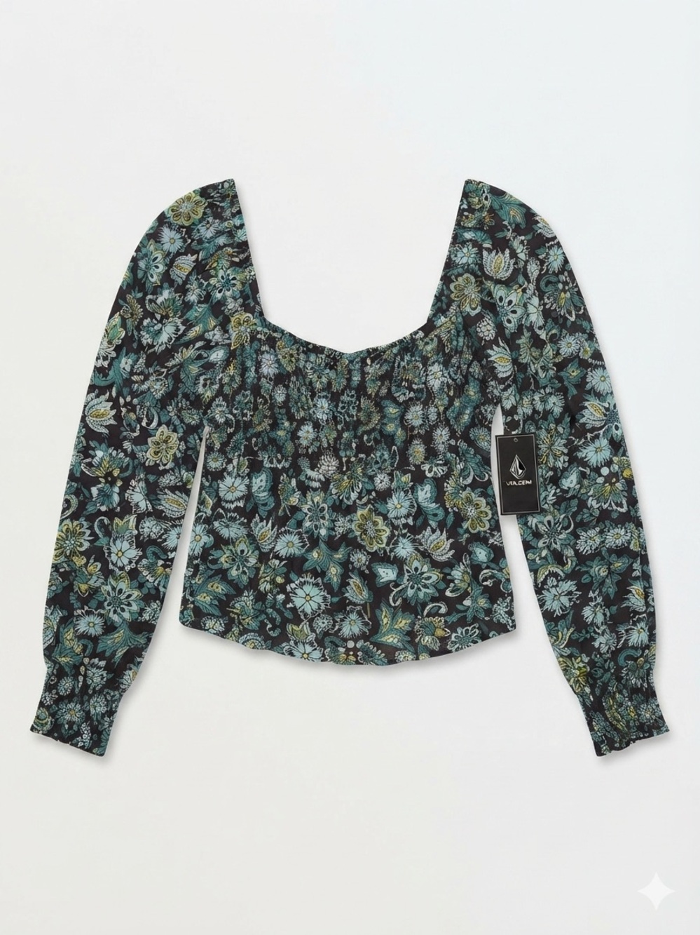 Volcom Floral Smocked Crop Top Long Sleeve Sweetheart Tie Back Boho Blouse S